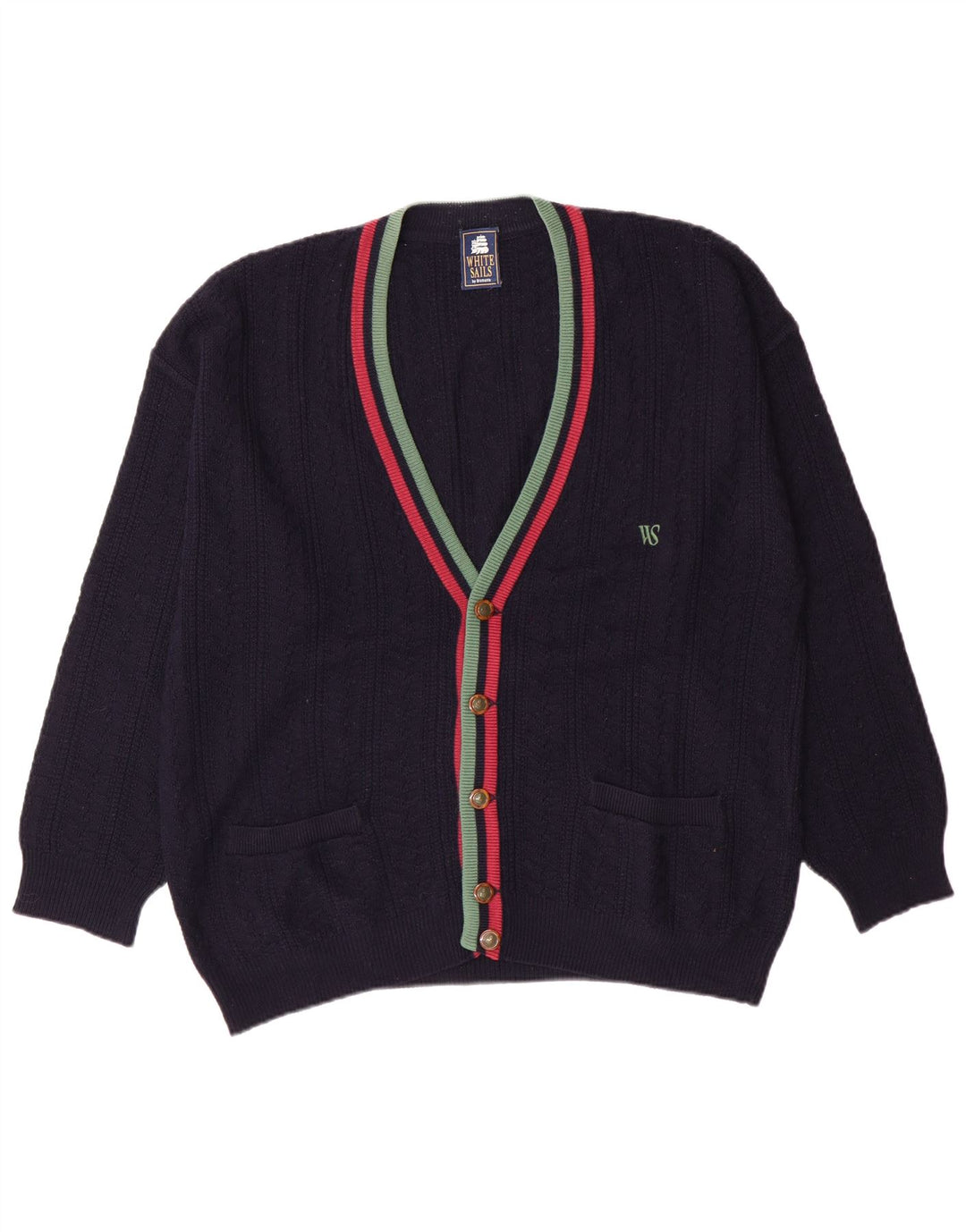 Bijeli muški kardigan pulover srednje tamnoplave vune na pruge, klasični