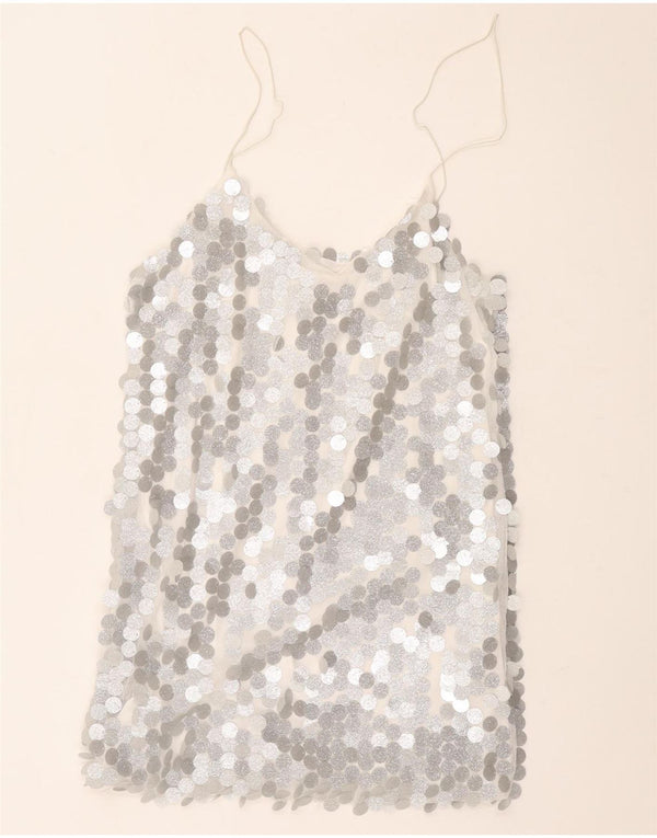 Vintage ženski Cami Top UK 12 srednje srebrni poliester