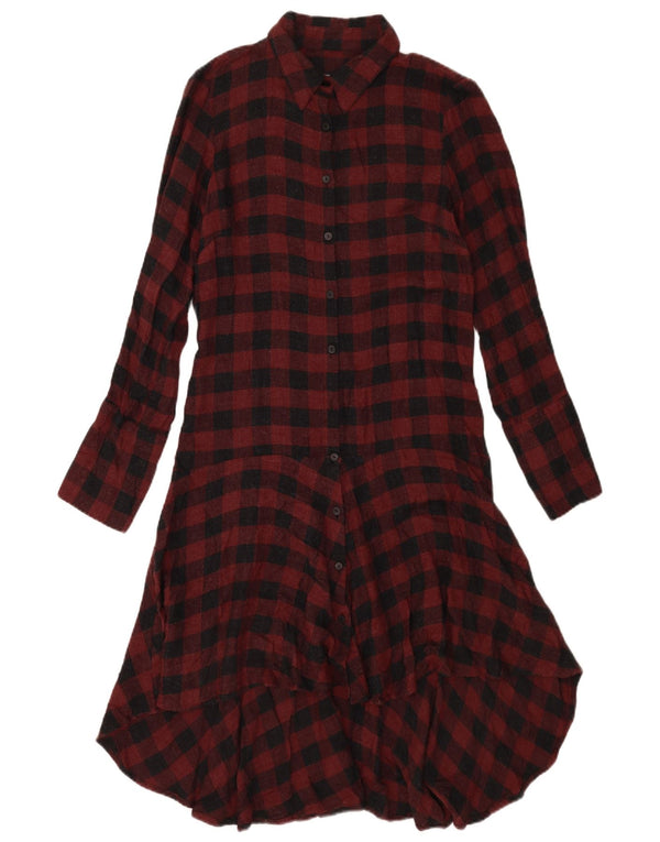 Zara Womens Shirt Dress UK 10 Small Burgundy Gingham Cotton