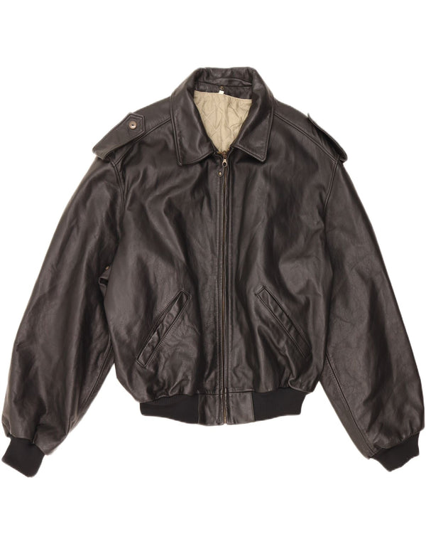 VINTAGE Mens Military Leather Jacket IT 52 XL Black