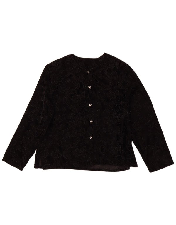 VINTAGE ženski gornji dio bluze dugih rukava UK 16 Veliki crni cvjetni