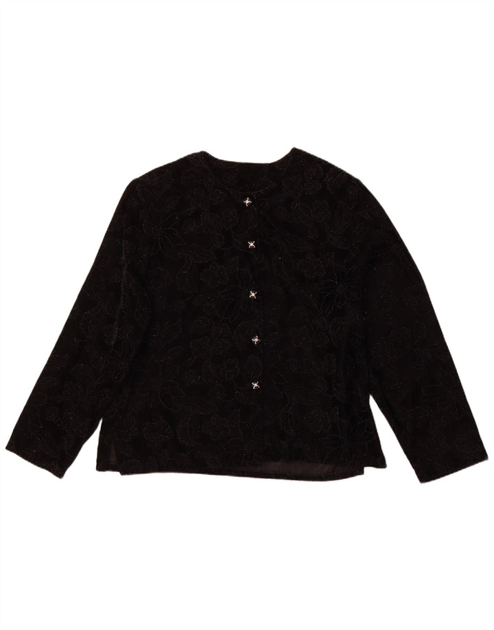 VINTAGE ženski gornji dio bluze dugih rukava UK 16 Veliki crni cvjetni