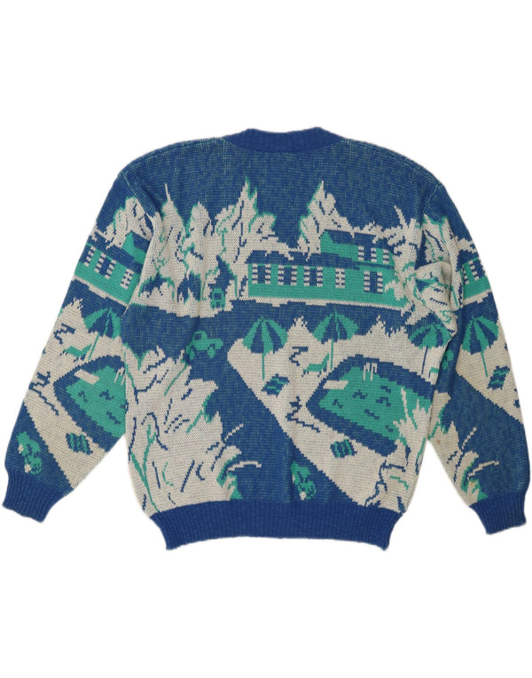 VINTAGE Ženska pulover s apstraktnim uzorkom s V-izrezom IT 52 2XL Plava