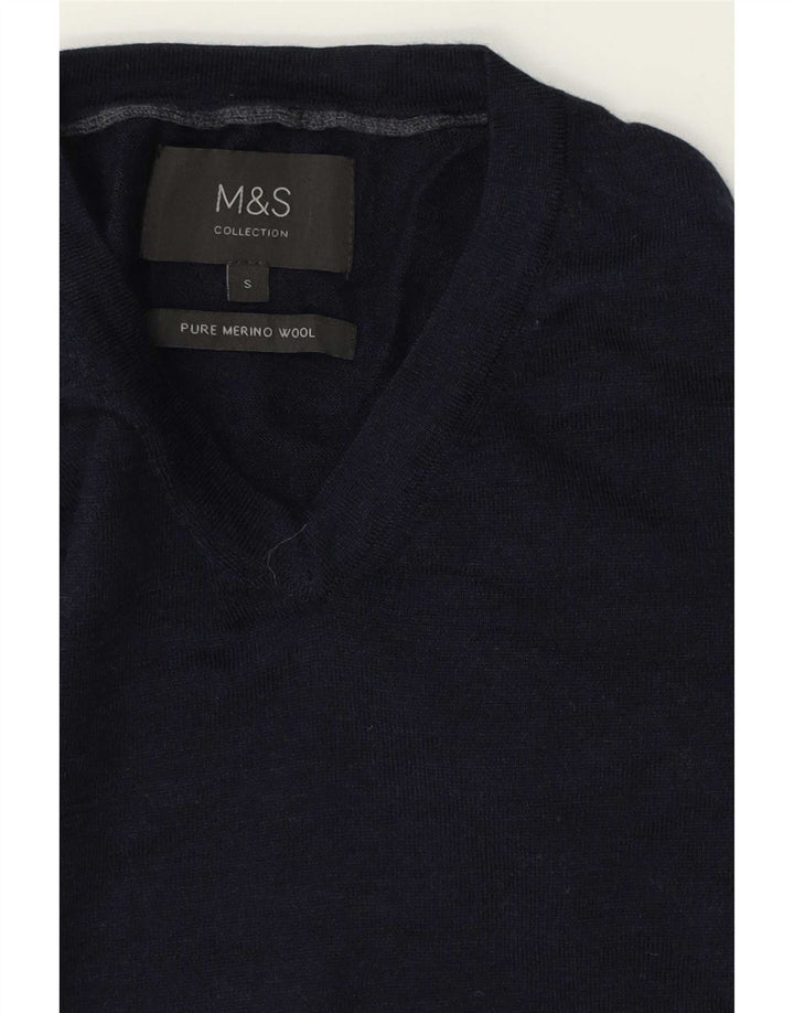 Marks & Spencer muški džemper s V-izrezom Mali tamnoplavi merino vuneni