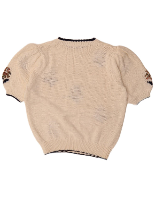 Vintage ženski džemper s okruglim izrezom kratkih rukava UK 20 2XL bijeli cvjetni