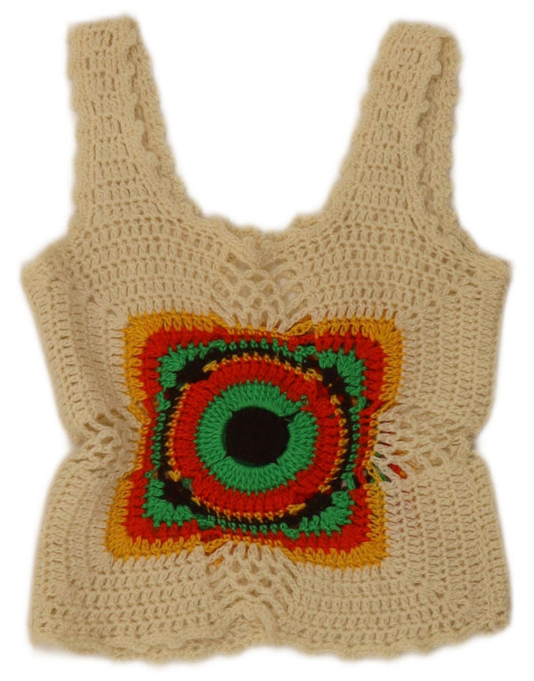 Vintage ženska heklana skraćena majica bez rukava UK 4 XS Off bijela geometrijska