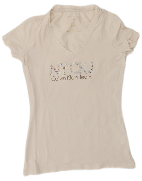 Calvin Klein Jeans Ženska grafička majica kratkih rukava UK 6 XS Bijeli pamuk
