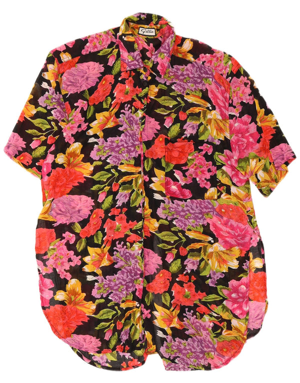 Vintage Womens Short Sleeves Shirt Dress UK 16 Large Black Floral Viscose