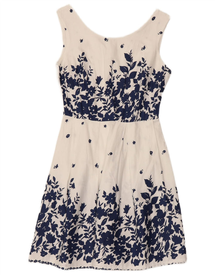 VINTAGE ženska haljina A-kroja bez rukava UK 8 Mala bijela cvjetna pamuk