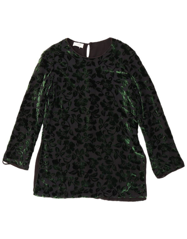 Vintage ženski gornji dio baršunaste bluze dugih rukava UK 12 srednje crne cvjetne boje