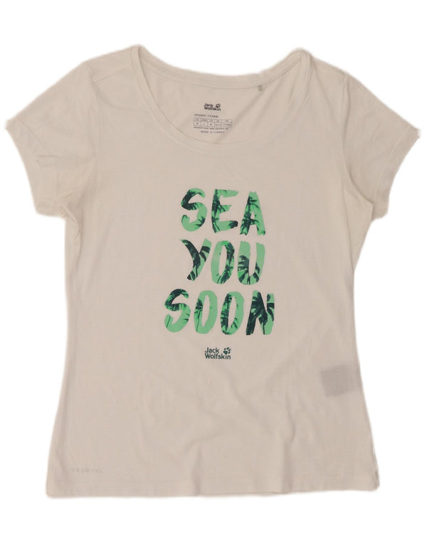 JACK WOLFSKIN Ženska grafička majica kratkih rukava UK 10/12 Srednje bijeli pamuk