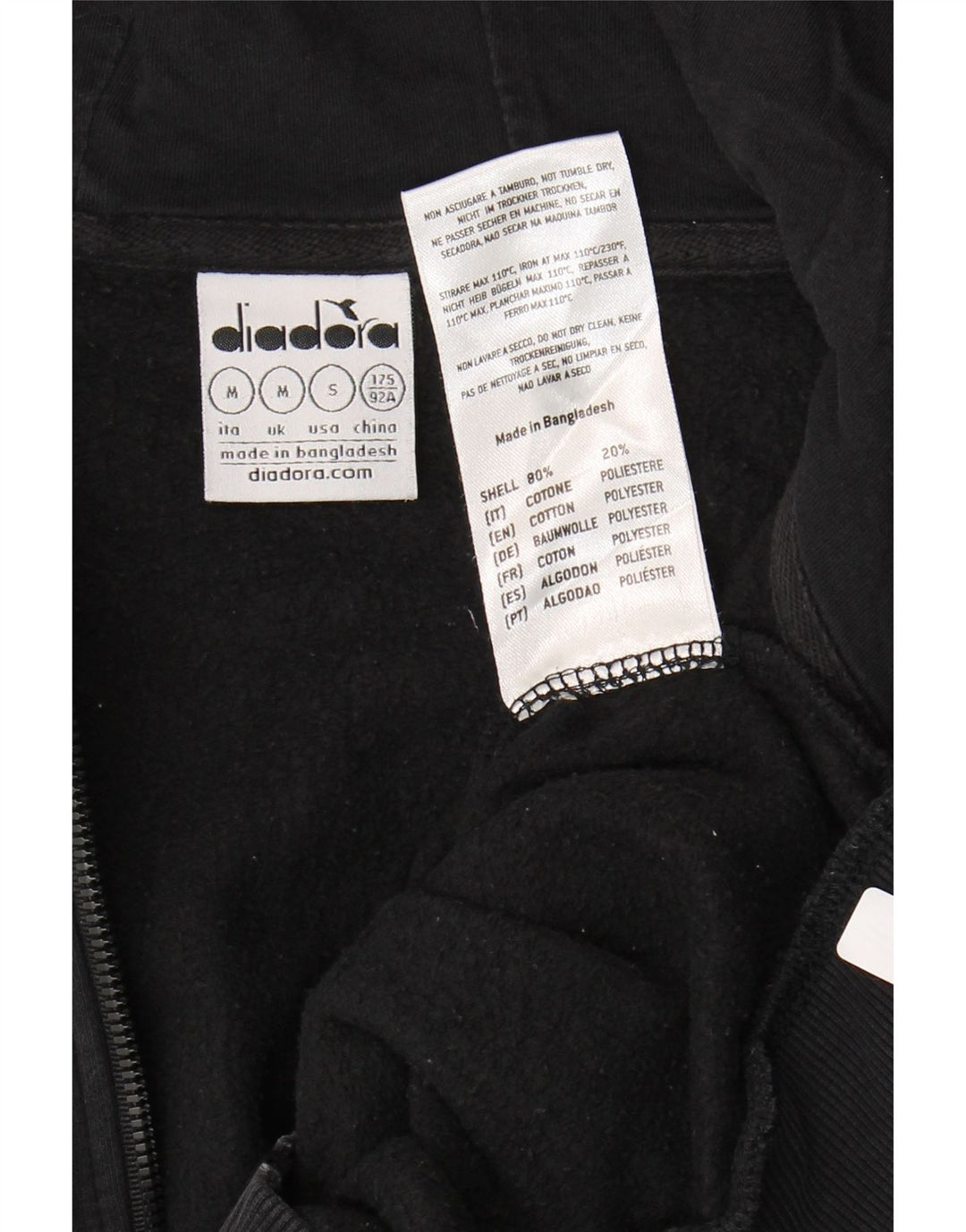 DIADORA Mens Zip Hoodie Sweater Medium Black Cotton Vintage Diadora and Second-Hand Diadora from Messina Hembry 