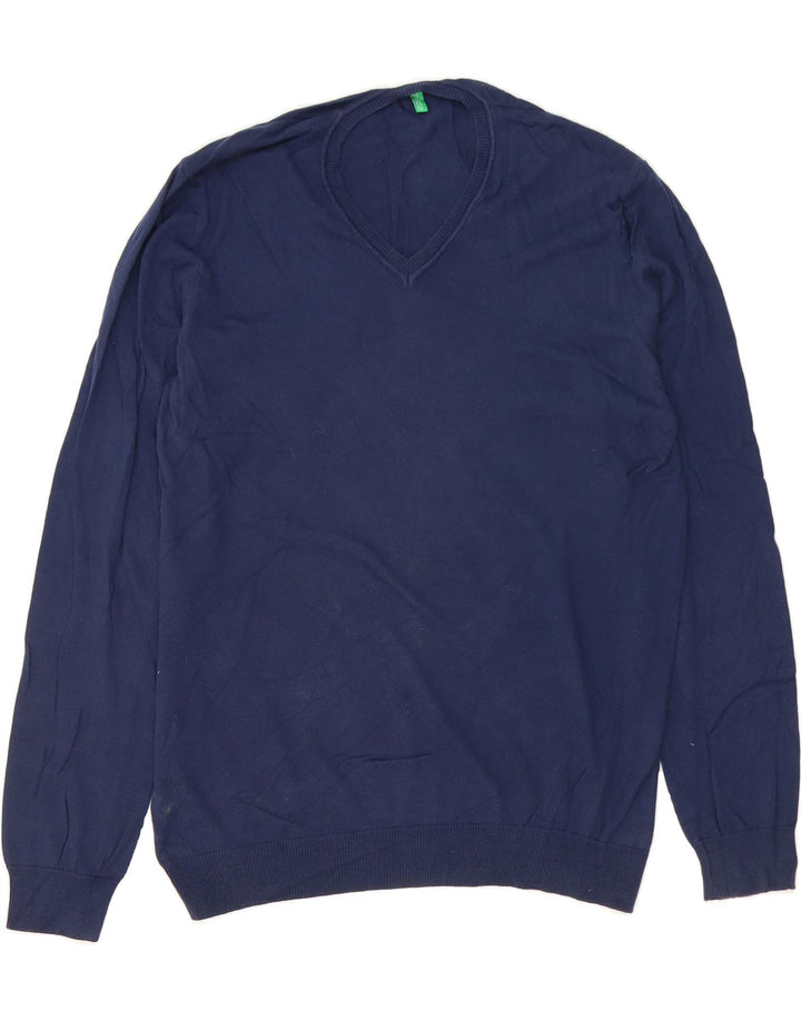 BENETTON Mens V-Neck Jumper Sweater Medium Navy Blue Vintage Benetton and Second-Hand Benetton from Messina Hembry 