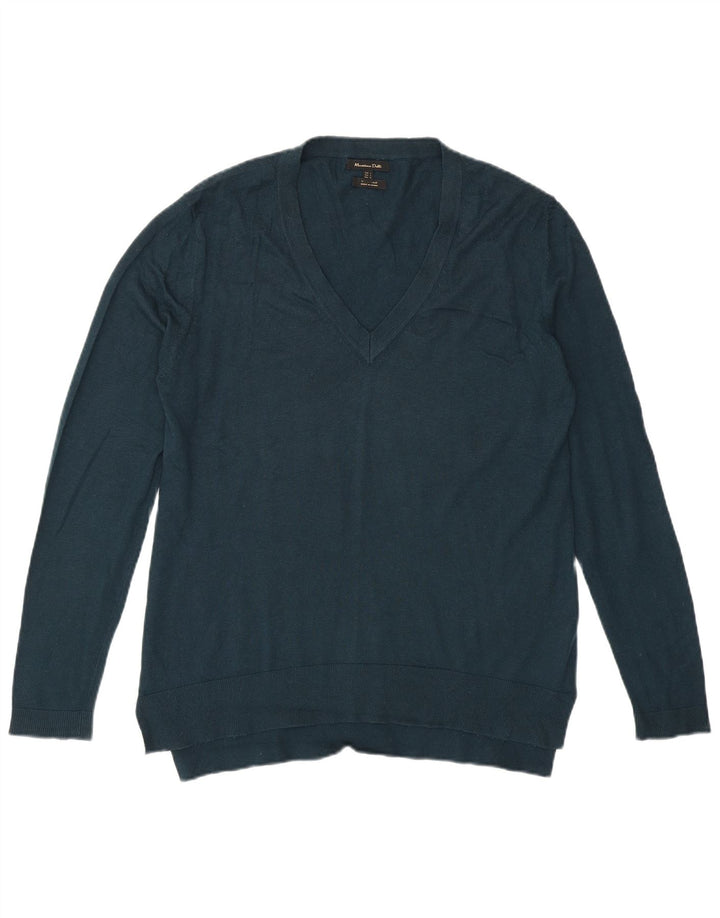 MASSIMO DUTTI Womens V-Neck Jumper Sweater UK 16 Large Green Wool