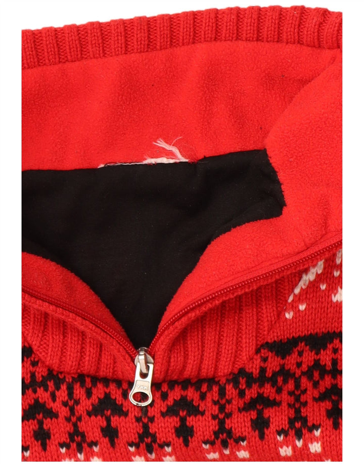 VINTAGE ženski džemper s izrezom s patentnim zatvaračem UK 14 srednje crvene Fair Isle vune