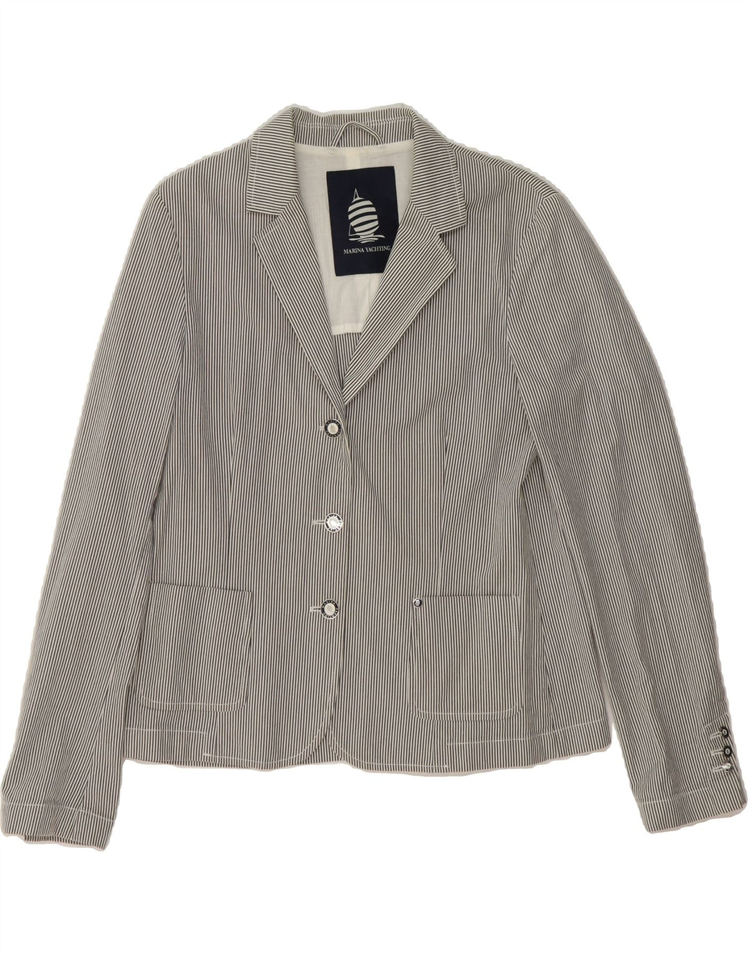 MARINA YACHTING Womens 3 Button Blazer Jacket IT 50 XL Grey Pinstripe Vintage Marina Yachting and Second-Hand Marina Yachting from Messina Hembry 