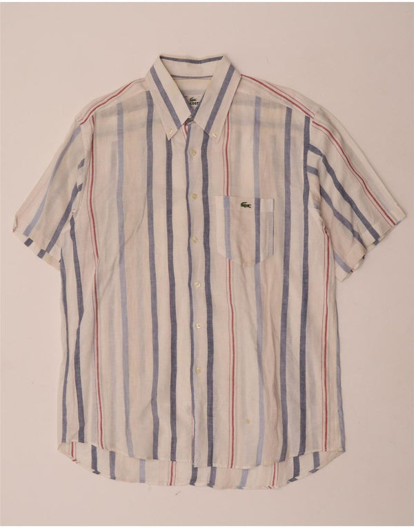 Lacoste Mens Short Sleeve Shirt Size 42 Large White Striped Linen