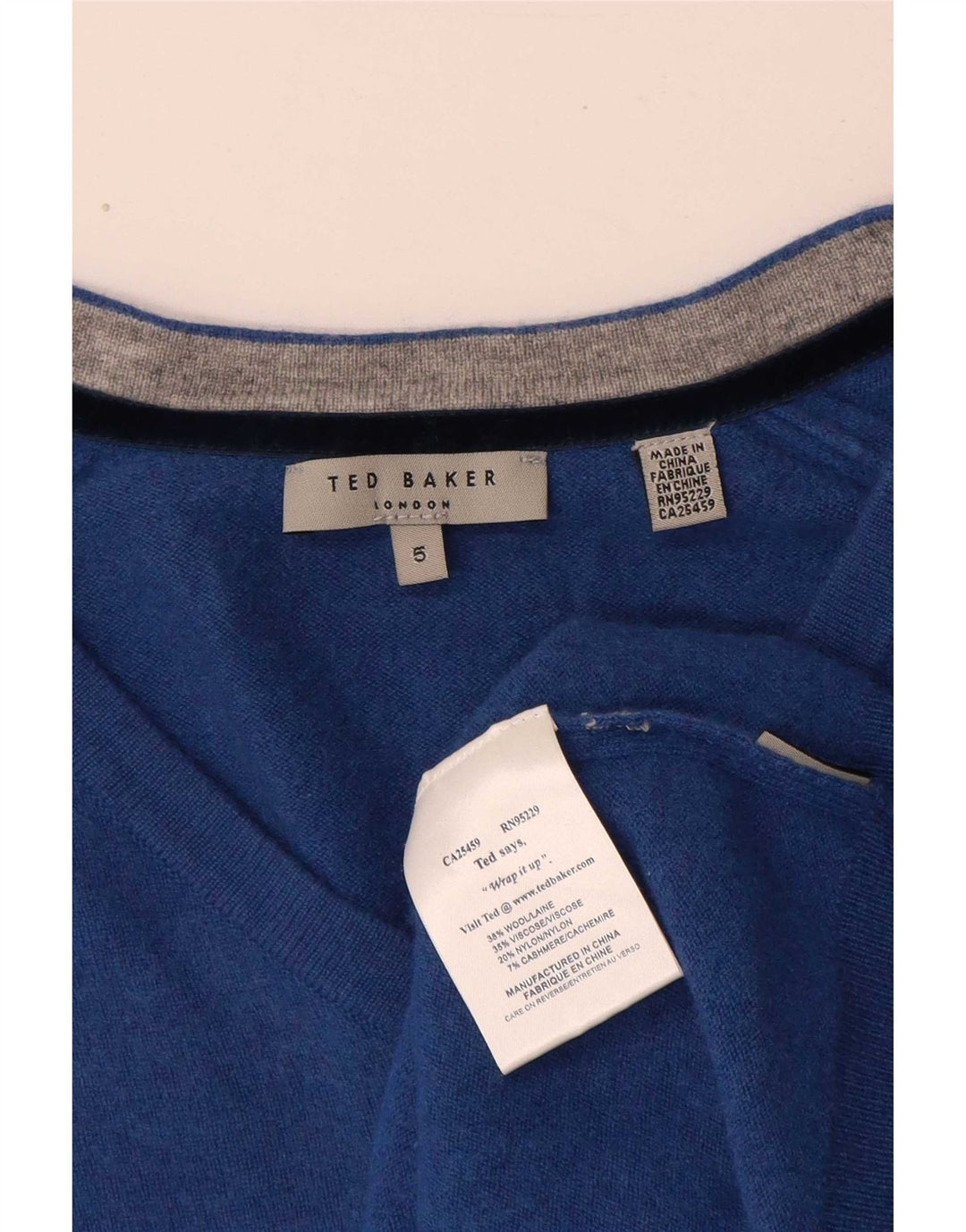 Ted Baker, ženski džemper s V-izrezom, veličina 5 XL, plava vunena
