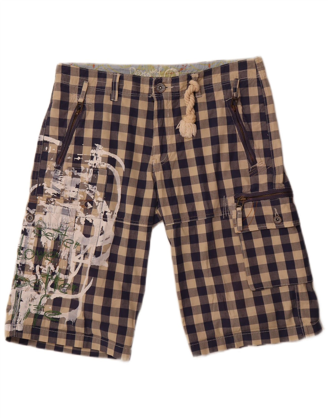 Desigual ženske kratke kargo hlače s grafičkim motivima EU 42 Large W34 mornarsko plava gingham