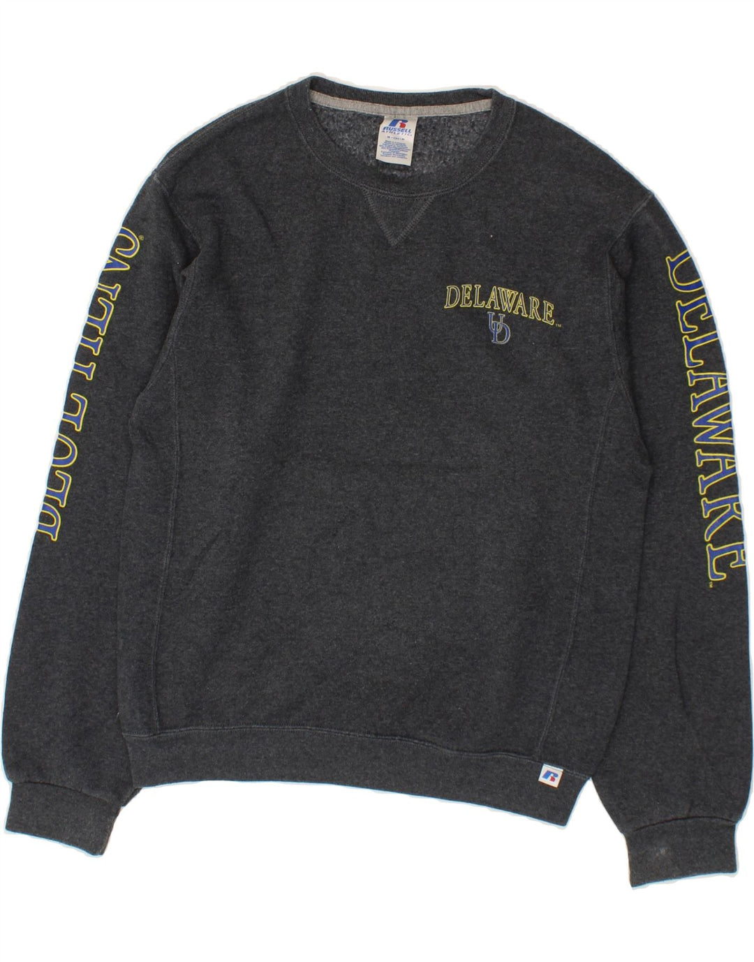 RUSSELL ATHLETIC Mens Delaware Graphic Sweatshirt Jumper Small Grey Cotton Vintage Russell Athletic and Second-Hand Russell Athletic from Messina Hembry 