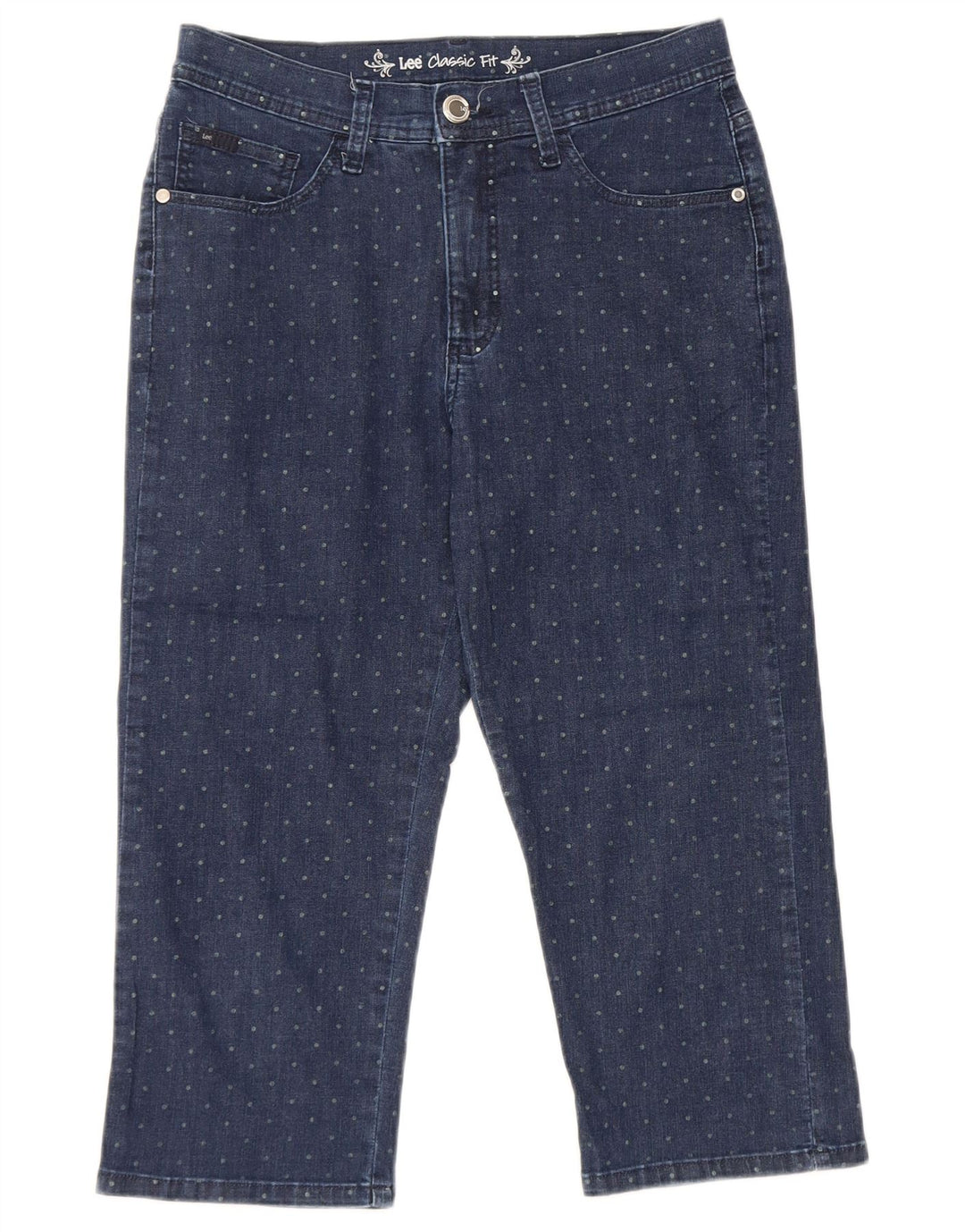 LEE Ženske klasične kapri traperice US 6 srednje W28 L19 tamnoplave na točkice