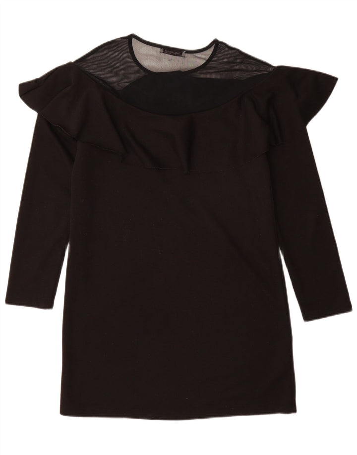 ZARA Womens Ruffle Front Long Sleeve Tunic Dress UK 12 Medium Black