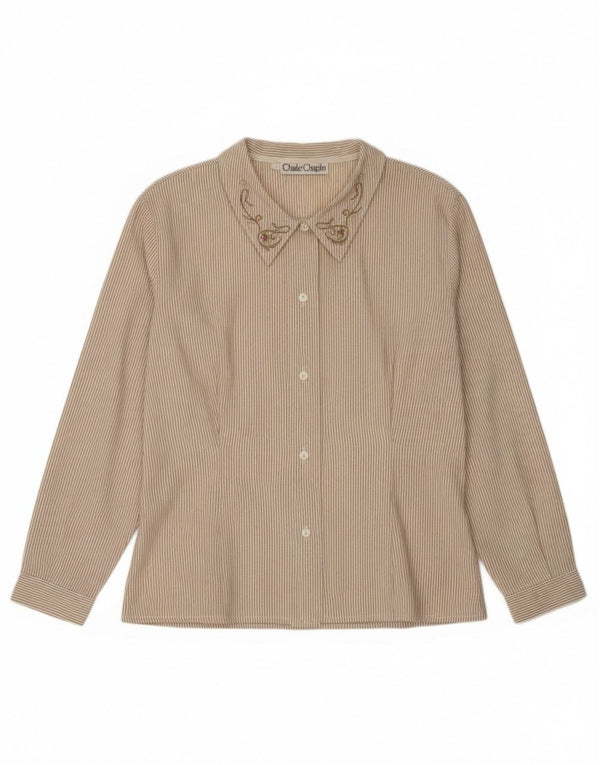 Vintage Womens Shirt UK 14 Medium Beige Pinstripe Cotton