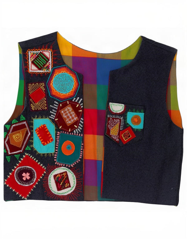 Vintage ženski traper OPEN prsluk UK 10 Mali raznobojni patchwork