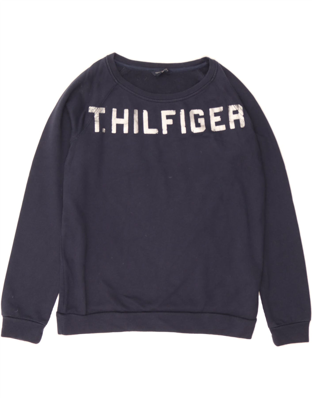 TOMMY HILFIGER Womens Graphic Sweatshirt Jumper UK 14 Medium Navy Blue Vintage Tommy Hilfiger and Second-Hand Tommy Hilfiger from Messina Hembry 