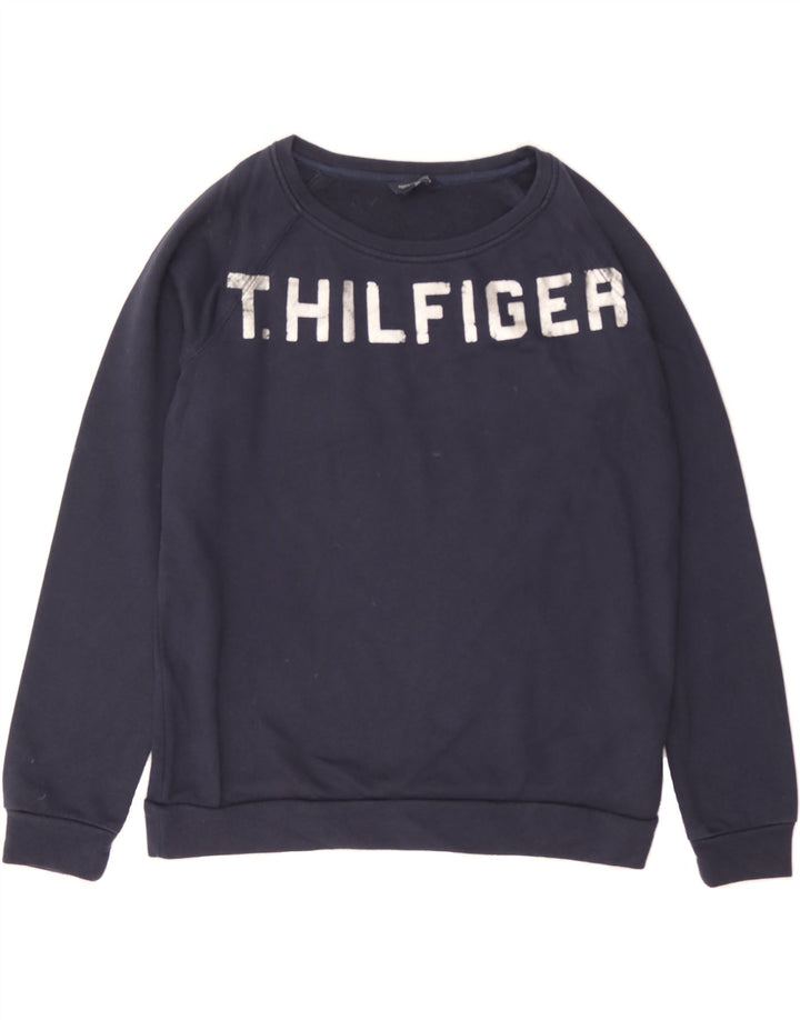TOMMY HILFIGER Womens Graphic Sweatshirt Jumper UK 14 Medium Navy Blue Vintage Tommy Hilfiger and Second-Hand Tommy Hilfiger from Messina Hembry 