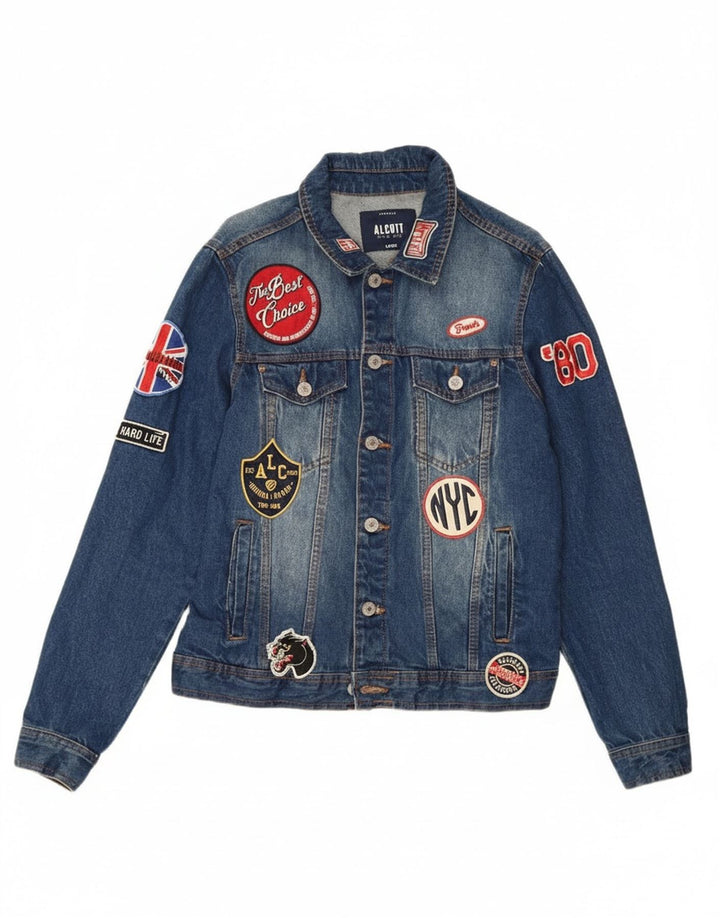 ALCOTT Womens Graphic Denim Jacket UK 16 Large Blue Cotton