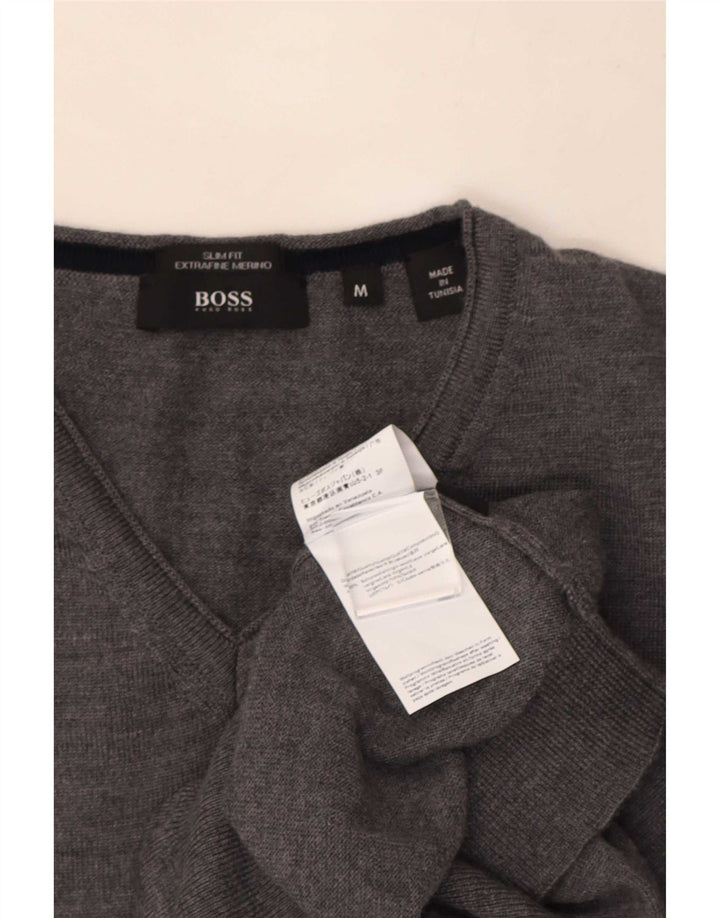 Srednje siva vunena muška pulover Hugo Boss Slim Fit s V-izrezom