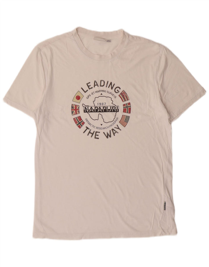 Napapijri Mens Graphic T-Shirt Top Small Off White Cotton