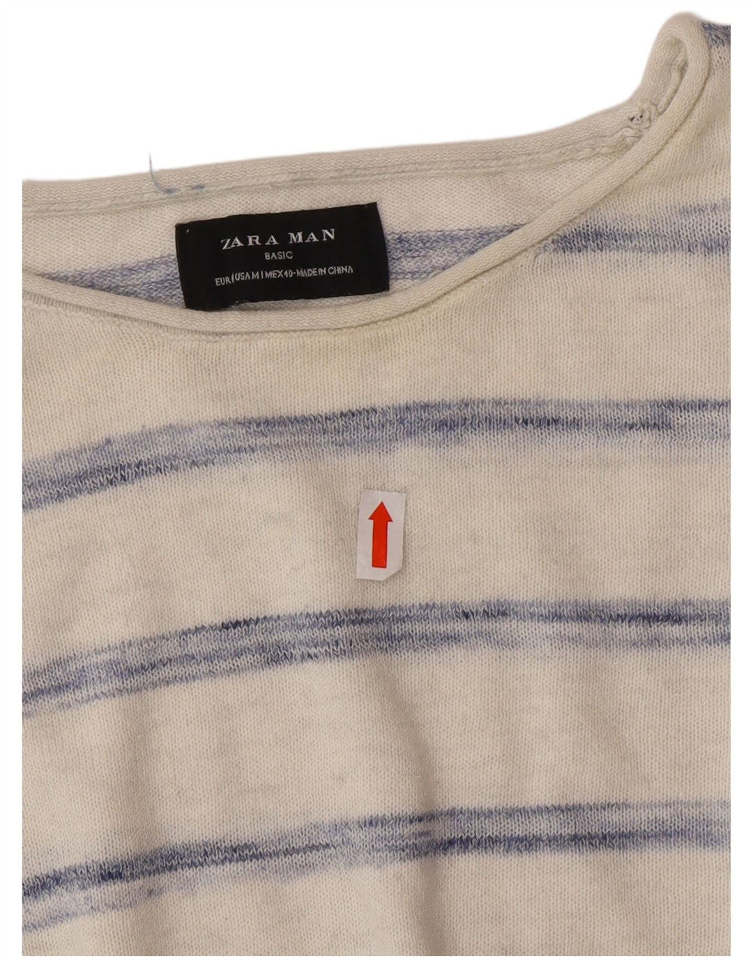 ZARA Mens Crew Neck Jumper Sweater Medium Off White Striped Cotton