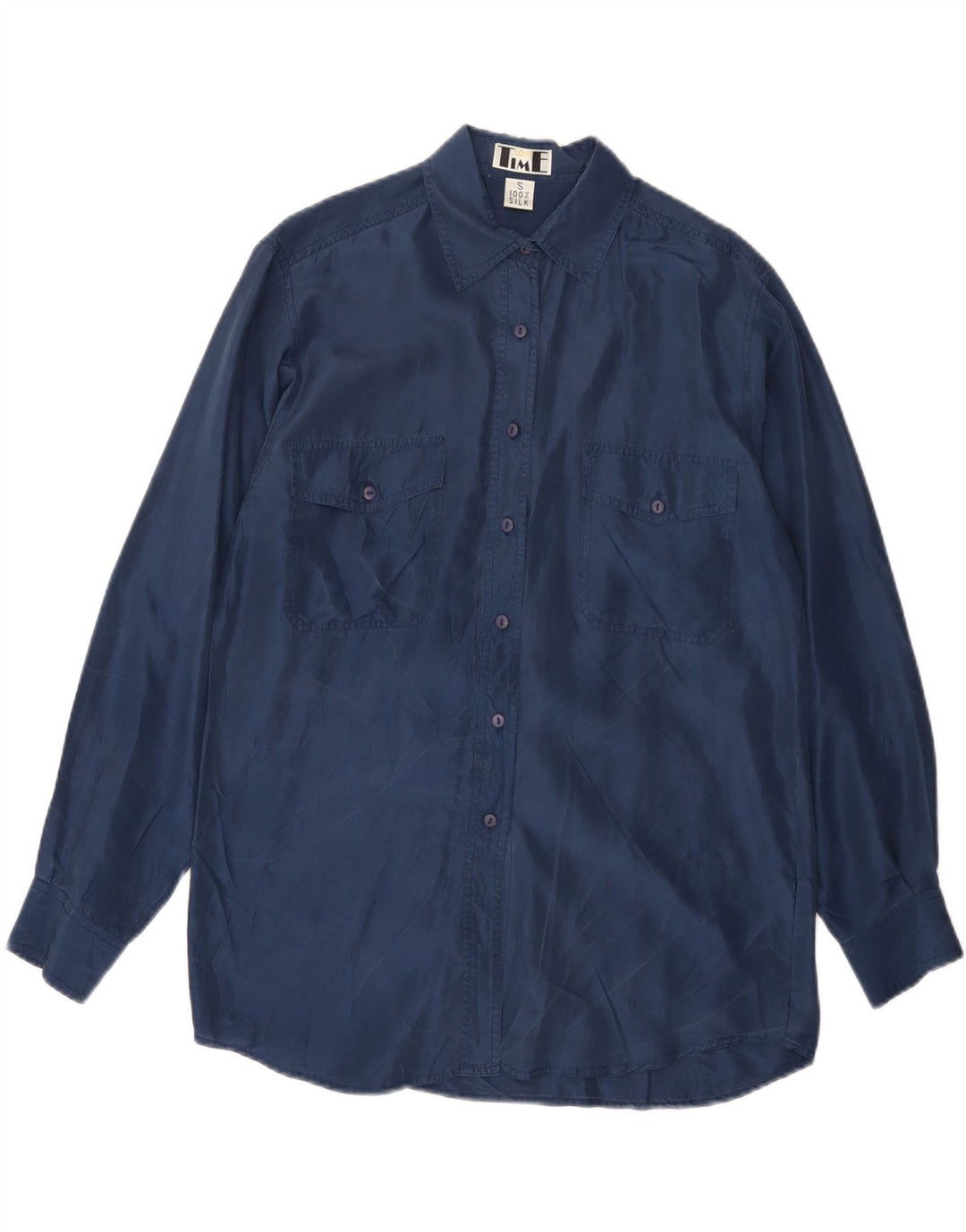 VINTAGE ženska prevelika košulja UK 10 Mala tamnoplava svila