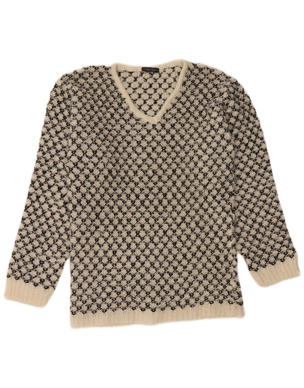 Vintage ženski džemper s V-izrezom UK 14 srednje bijele geometrije