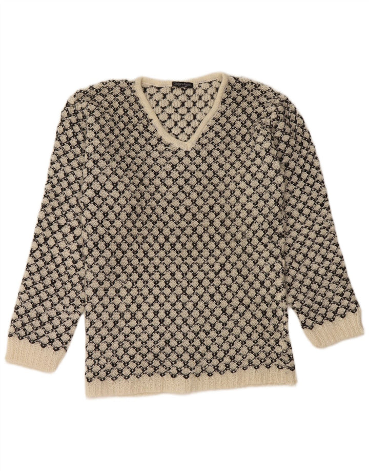 Vintage ženski džemper s V-izrezom UK 14 srednje bijele geometrije