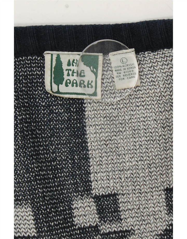 VINTAGE ženski prekomjerni kardigan pulover UK 16 Veliki tamnoplavi geometrijski