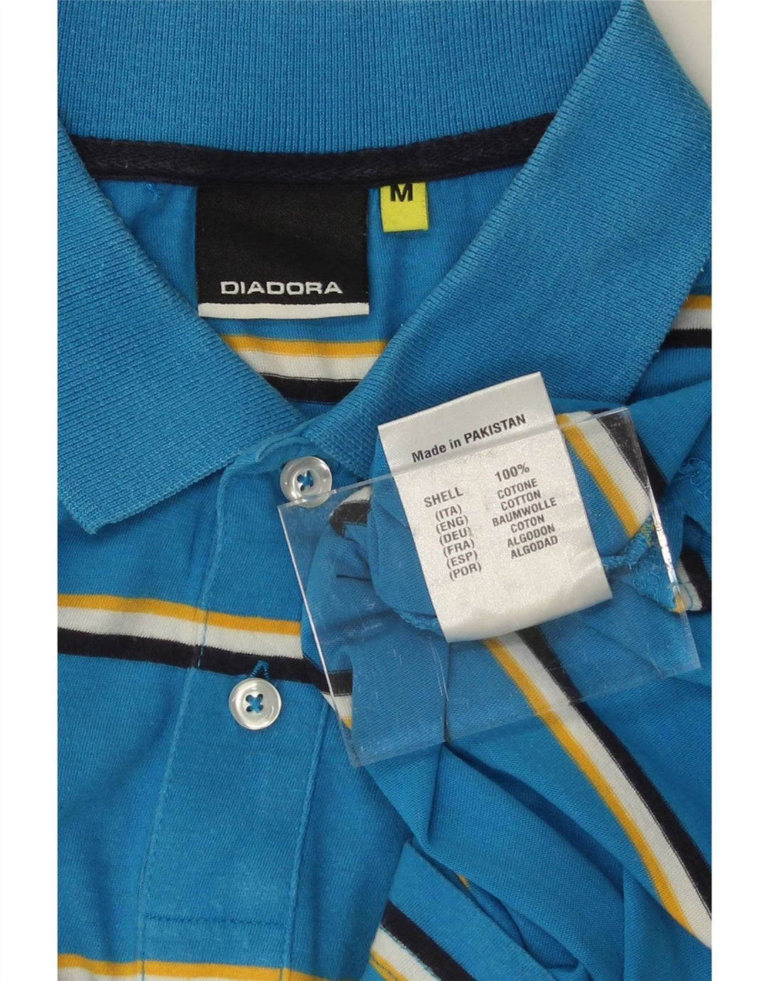 DIADORA Mens Polo Shirt Medium Blue Striped Cotton Vintage Diadora and Second-Hand Diadora from Messina Hembry 