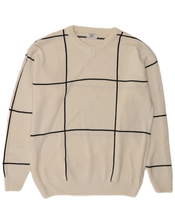 Alba Moda Ženski džemper s V-izrezom UK 22/24 3XL Bijeli karirani pamuk