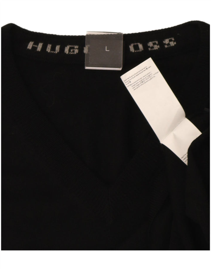 Veliki crni vuneni muški džemper s V-izrezom Hugo Boss