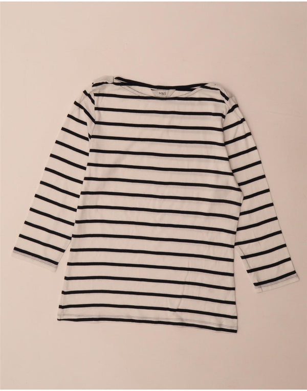 Marks & Spencer Womens Top 3/4 Sleeve UK 12 Medium White Striped Cotton