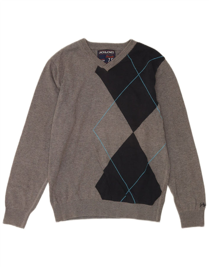 Jack & Jones muški džemper s V-izrezom, srednje sivi pamuk u blokovima boja