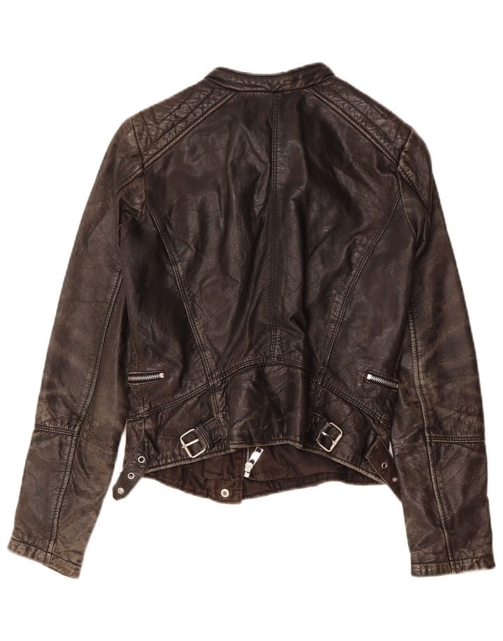 BERSHKA Womens Biker Leather Jacket UK 12 Medium Black Leather