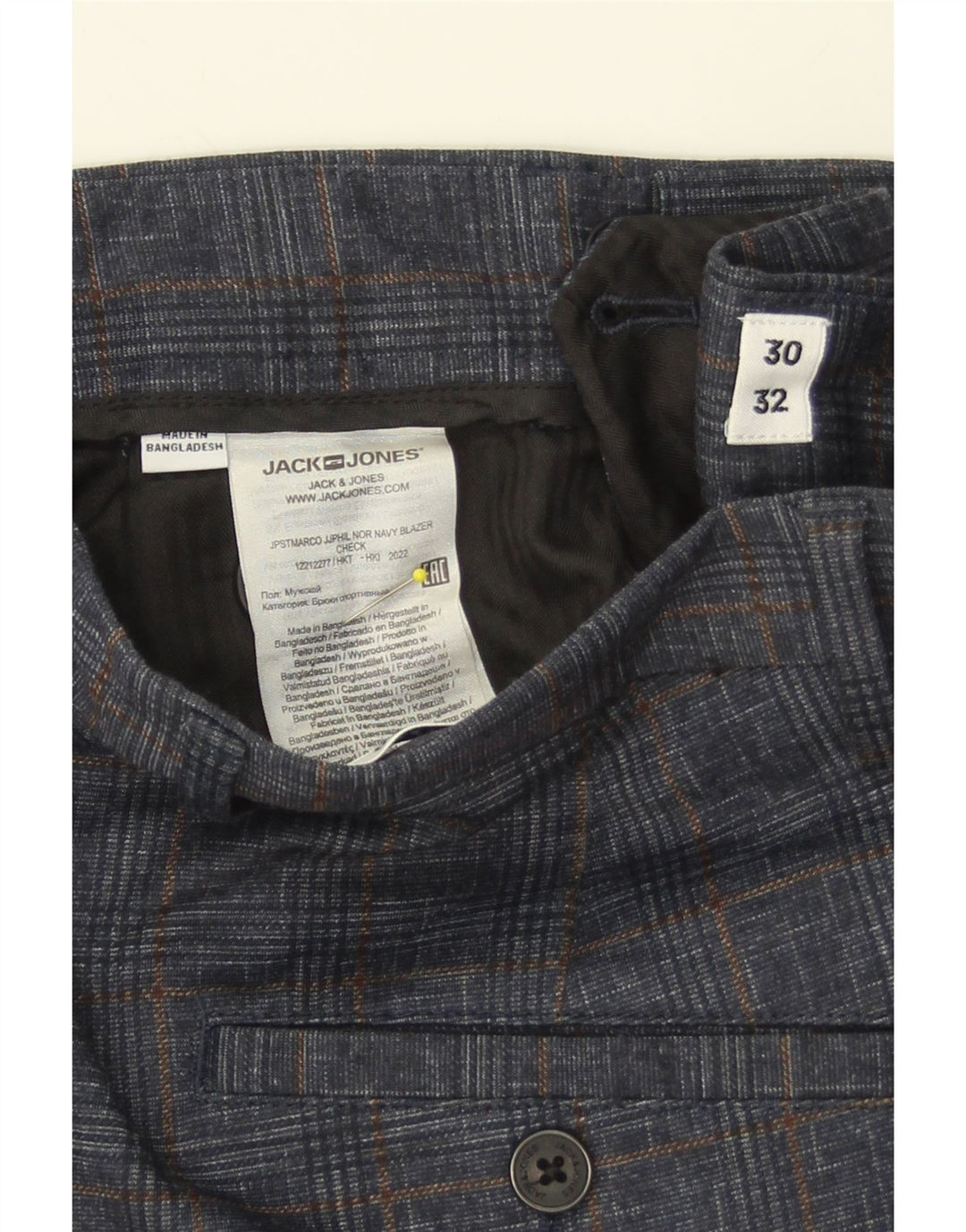 JACK & JONES Mens Slim Chino Trousers W30 L32 Navy Blue Check Polyester Vintage Jack & Jones and Second-Hand Jack & Jones from Messina Hembry 