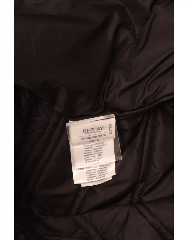 REPLAY Womens Graphic Padded Jacket UK 14 Large Black Polyester