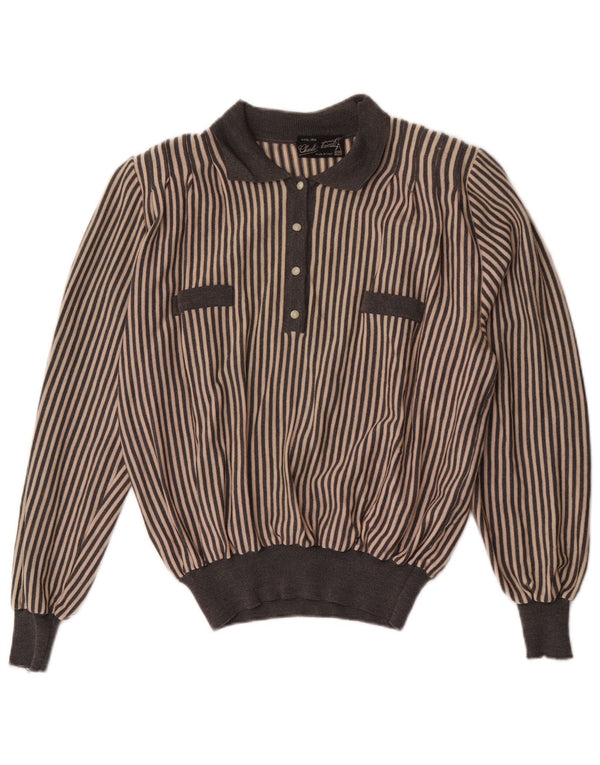 Vintage ženski džemper s polo ovratnikom UK 16 Vuneni veliki sivi prugasti