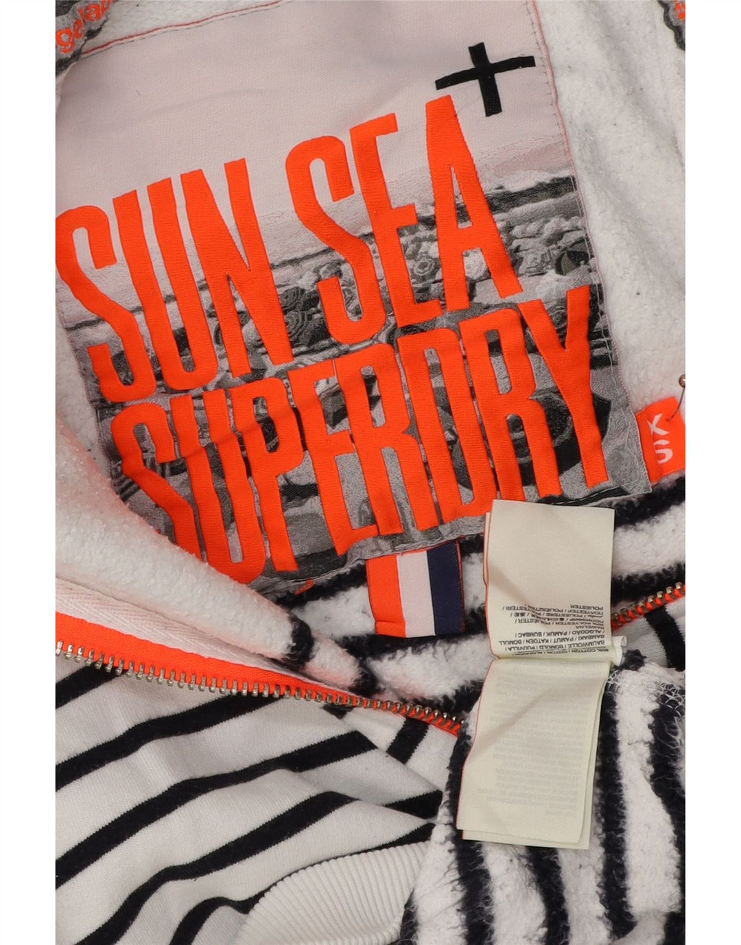 SUPERDRY ženski pulover s kapuljačom na patentni zatvarač UK 6 XS pamuk na bijele pruge