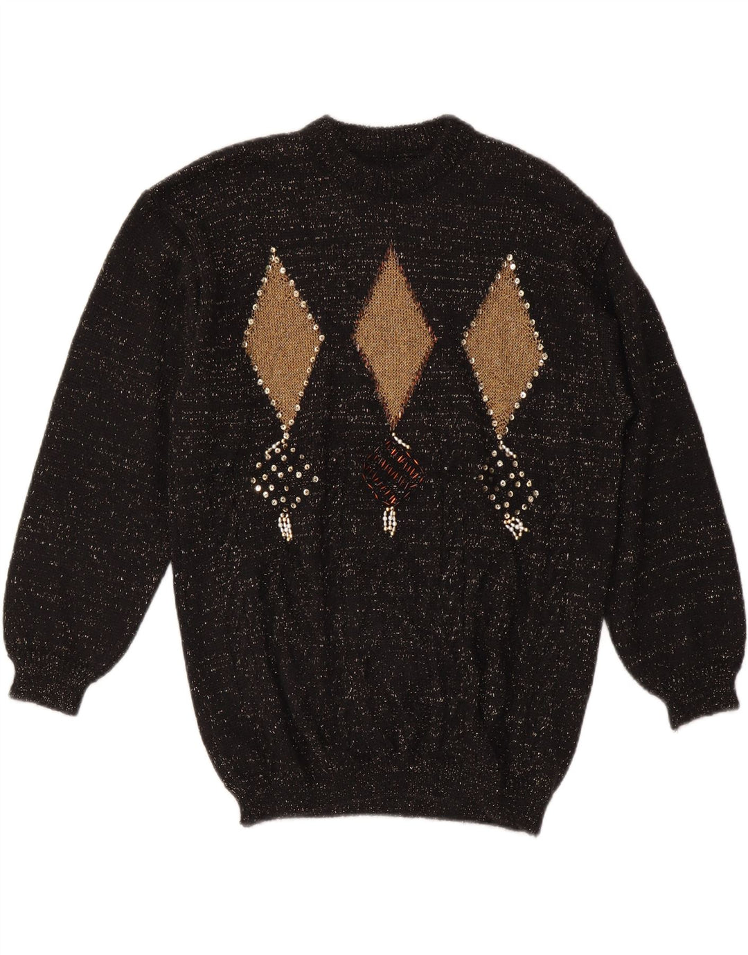 VINTAGE ženski džemper s okruglim izrezom UK 14 Srednji crni Argyle/Diamond