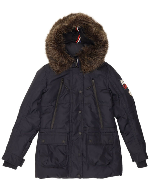 Superdry Womens Graphic Hooded Padded Jacket UK 12 Medium Navy Blue Nylon